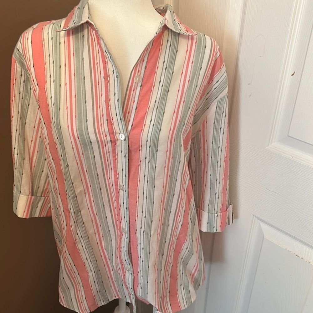 Bon. Worth Striped Button-Up Blouse - Pink and Gray EUC